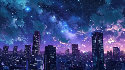 Fototapeta na wymiar Nighttime cityscape with skyscrapers illuminated against a dark, starry sky. Manga-style generative ai