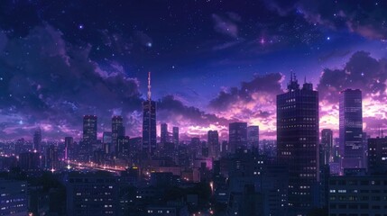 Fototapeta premium Nighttime cityscape with skyscrapers illuminated against a dark, starry sky. Manga-style generative ai