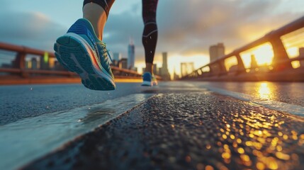 shoes hitting the pavement on a bridge during a city race generative ai
