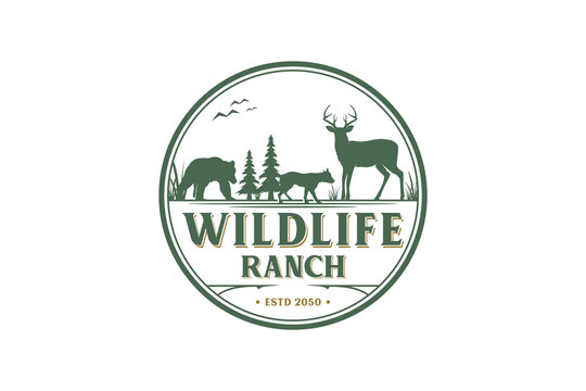 Wildlife hunting outdoor logo design, badgem emblem style with bear dog and deer antler element silhouette.