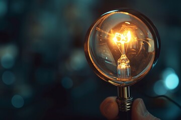 Quick tips for smart creative. light bulb and idea checking icon inside magnifier glass, working Creativity, Creative for new innovation with energy and power, growth and success development - obrazy, fototapety, plakaty