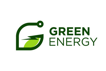 Renewable energy industry logo design, environmentally friendly, symbol of green leaves and circuit board electrical lightning. - obrazy, fototapety, plakaty