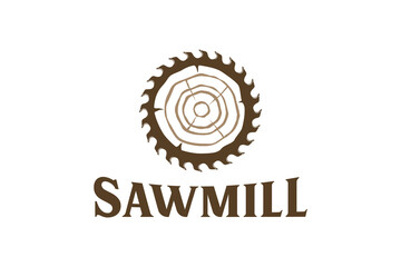 Logo illustration of a circular saw in the middle of a wooden log symbol, woodworking sawmill industry, cutting down trees and branches, stump removal service. - obrazy, fototapety, plakaty