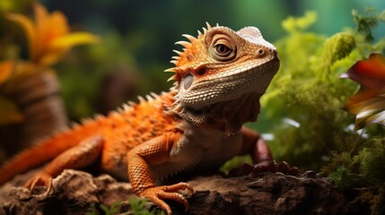 Obraz premium Majestic Bearded Agama Dragon Basking in Sunlight with Vibrant Scales and Intense Gaze - AI-Generative