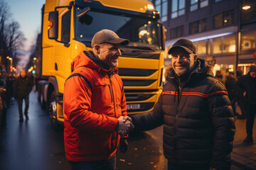 a emotional handshake between a modern farmer and a modern truck driver