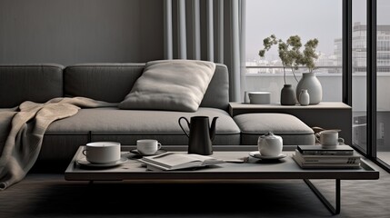 The cozy atmosphere, cashmere sweater, reading materials and serving tray blend seamlessly on the gray sofa, creating a visually pleasing and realistic scene.
