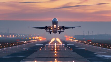 Airplane taking off a runway at twilight