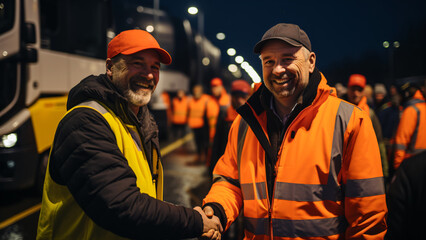 emotional handshake between a modern farmer and a modern truck driver