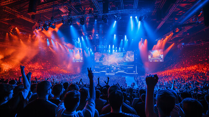 Esports tournament stage with intense gameplay and cheering fans - obrazy, fototapety, plakaty