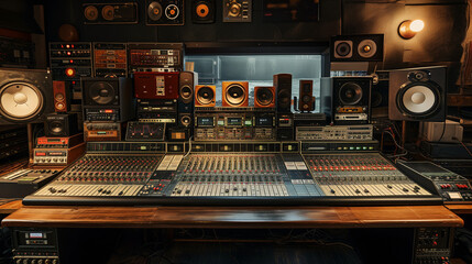 Music record studio control desk with vintage analog equipment
