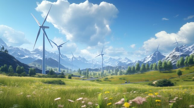 wind power plants in operation against the backdrop of a beautiful landscape.