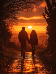 Couple holding hands during a sunset walk in the forest. AI generated image