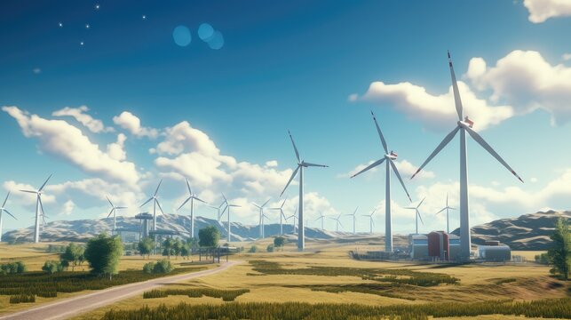 wind power plants in operation against the backdrop of a beautiful landscape