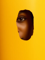 eye of the person Looking through a hole of Torn yellow cardboard.Minimal creative modeling concept - obrazy, fototapety, plakaty