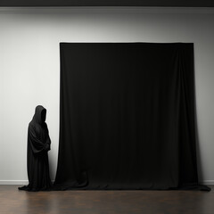 black ghost and black Curtain.Minimal creative horror concept.Copy space,top view.Generative AI