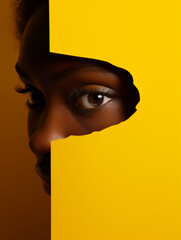 eye of the person Looking through a hole of Torn yellow cardboard.Minimal creative modeling concept
