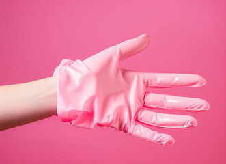 Hand with rubber glove.Minimal cleaning and 
Hygienic concept.Flat lay,top view,copy space.Generative AI