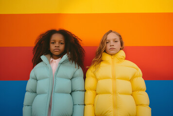 Girls in feathered jackets pose in front of a colorful wall.Minimal children's  fashion concept.Copy space,top view.Generative Ai