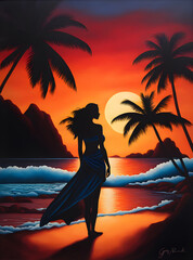 Vintage style Polynesian woman, on a beach tropical island velvet painting