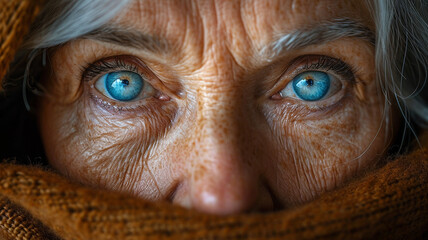 Ultra close up of the face of an elderly woman with wrinkles and startling bright blue eyes - obrazy, fototapety, plakaty