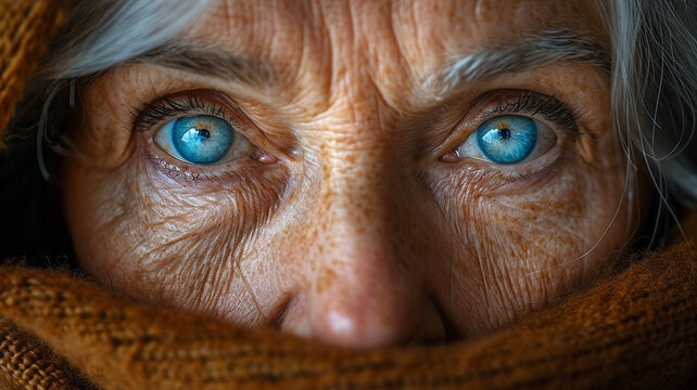 Ultra close up of the face of an elderly woman with wrinkles and startling bright blue eyes