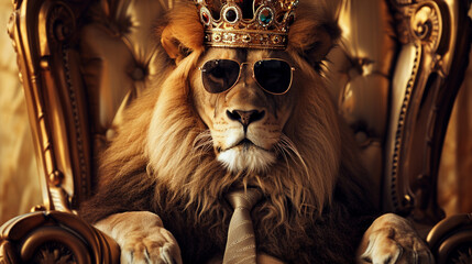 Royal lion wearing tie with crown and sunglasses sitting on a throne, closeup. AI Generative - obrazy, fototapety, plakaty