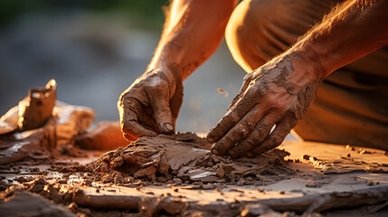 Soiled hand shaping clay in an outdoor workshop. Generative AI