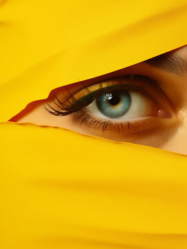 Eye Of The Person Looking Through A Hole In Torn Yellow Paper.Copy Space,top View,flat Lay,.Minimal Creative Modeling Concept