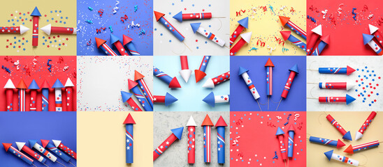 Collage of many firework rockets for USA Independence Day