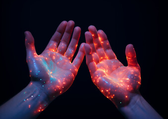 Hands with sparkling dots of neon light.Minimal creative fashion and party concept.Flat lay,top view,copy space.Generative Ai