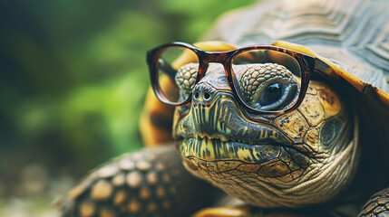 Very old turtle with bad eyesight wearing glasses. AI Generative - obrazy, fototapety, plakaty