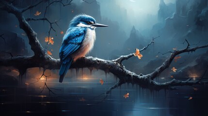 Fototapeta premium Vibrant Kingfisher Perched on a Sunlit Branch, Majestically Overlooking its Surroundings - AI-Generative