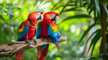 tropical rainforest with parrots. Scarlet Macaw parrots. AI Generative