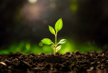 Close up of a young plant sprouting from the ground with green bokeh background, rich soil, ecology concept, World Soil Day, generative ai