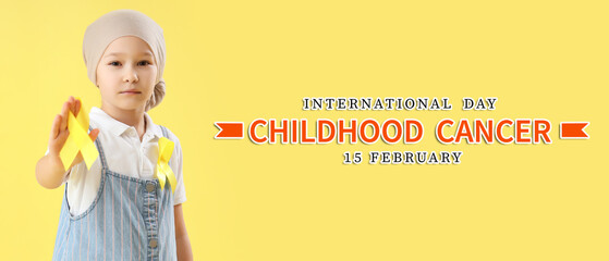 Little girl with awareness ribbons on yellow background. Banner for International Childhood Cancer Day