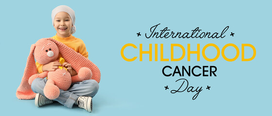 Little girl with awareness ribbon and toy on light blue background. Banner for International...