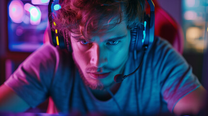 Determined gamer in a fierce gaming competition, eyes locked on the screen - obrazy, fototapety, plakaty