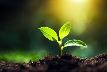 Close up of a young plant sprouting from the ground with green bokeh background, rich soil, ecology concept, World Soil Day, generative ai