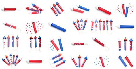 Set of many firework rockets for USA Independence Day on white background