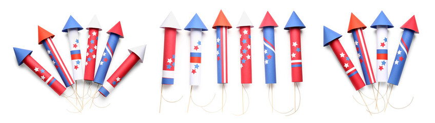 Set of many firework rockets for USA Independence Day on white background