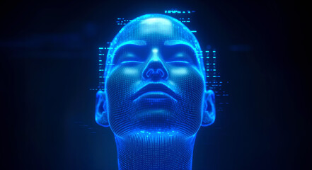 Genderless person face, eyes closed, glowing blue. Black background. Artificial intelligence or technological transcendence concept. Generative AI