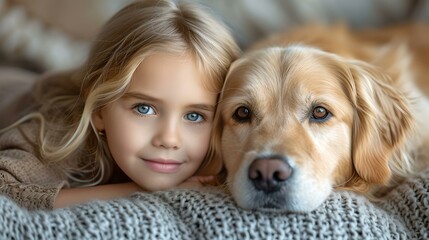 Young girl hugs her golden retriever on a cozy blanket. best friends sharing a moment. AI