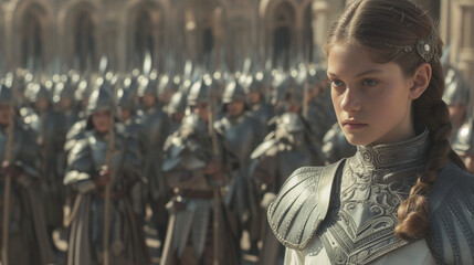 In a fantastical realm, a young princess, wearing a complete set of elaborate plate armor, stands before her army, prepared for battle