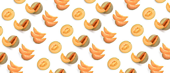 Fototapeta premium Many tasty ripe melons on white background. Pattern for design