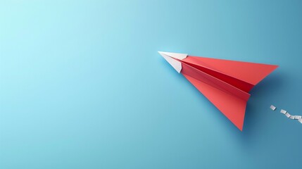 Red paper plane out of line with white paper to change disrupt and finding new normal way on blue background. Lift and business creativity new idea to discovery innovation technology. 3d render photog - obrazy, fototapety, plakaty