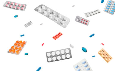 Many flying blister packs with pills on white background