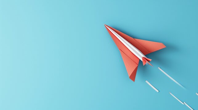 Red paper plane out of line with white paper to change disrupt and finding new normal way on blue background. Lift and business creativity new idea to discovery innovation technology. 3d render photog