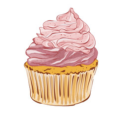 Festive cupcake with berry cream and meringue. Realistic style. Hand drawn illustration isolated on white background. Graphic element for pastry shops, cafe and bar menus
