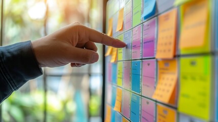 Reminder appointment calendar for organizer agenda time table and event planner organize and schedule activity. Man pointing on calendar or schedule to marking color paper note target date appointing.