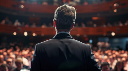 Fototapeta premium Confident speaker addressing a large audience with authority and clarity